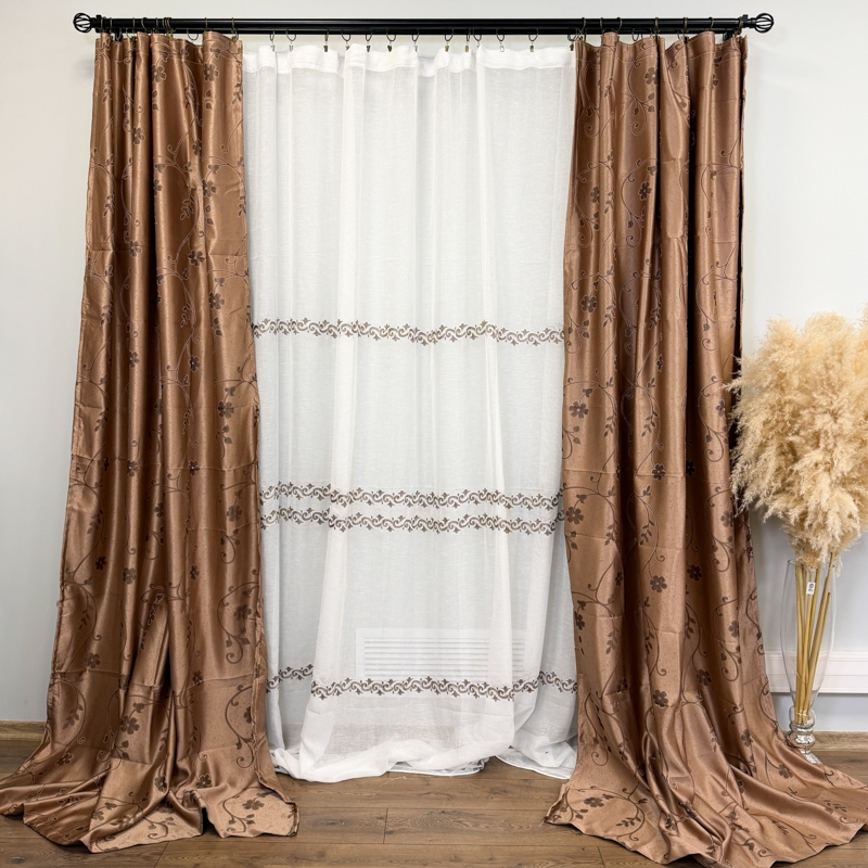 Set 2 bucati de Draperie Jacquard, Crengute cu Flori, 150cm latime x 270cm inaltime, cu rejansa pt sina, Maro deschis - imagine 3