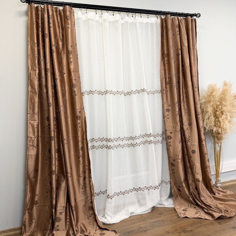 Set 2 bucati de Draperie Jacquard, Crengute cu Flori, 150cm latime x 270cm inaltime, cu rejansa pt sina, Maro deschis - imagine 4