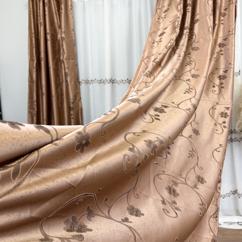Set 2 bucati de Draperie Jacquard, Crengute cu Flori, 150cm latime x 270cm inaltime, cu rejansa pt sina, Maro deschis - imagine 8