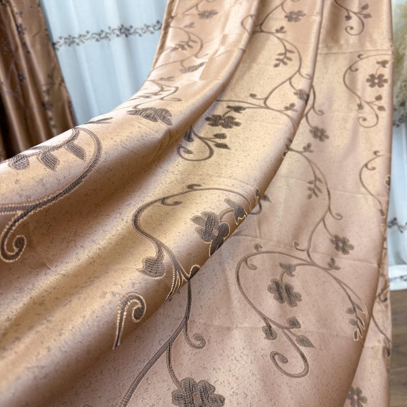Set 2 bucati de Draperie Jacquard, Crengute cu Flori, 150cm latime x 270cm inaltime, cu rejansa pt sina, Maro deschis - imagine 9