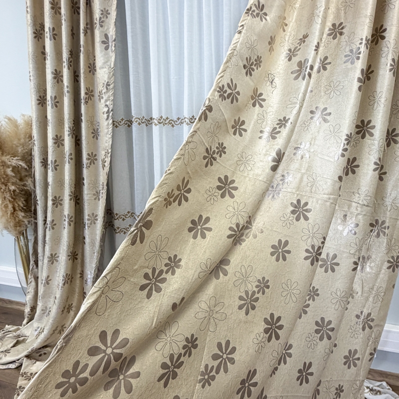 Set 2 bucati de Draperie Jacquard, Flori, 150cm latime x 270cm inaltime, cu rejansa pt sina, Bej - imagine 7