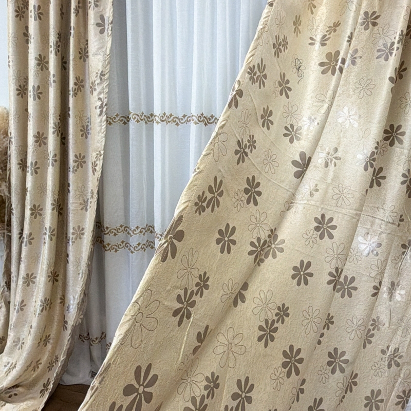 Set 2 bucati de Draperie Jacquard, Flori, 150cm latime x 270cm inaltime, cu rejansa pt sina, Bej - imagine 8