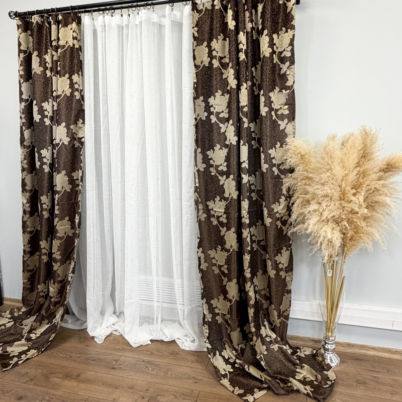 Set 2 bucati de Draperie Jacquard, Roses, 150cm latime x 270cm inaltime, cu rejansa pt sina, Maro - imagine 5