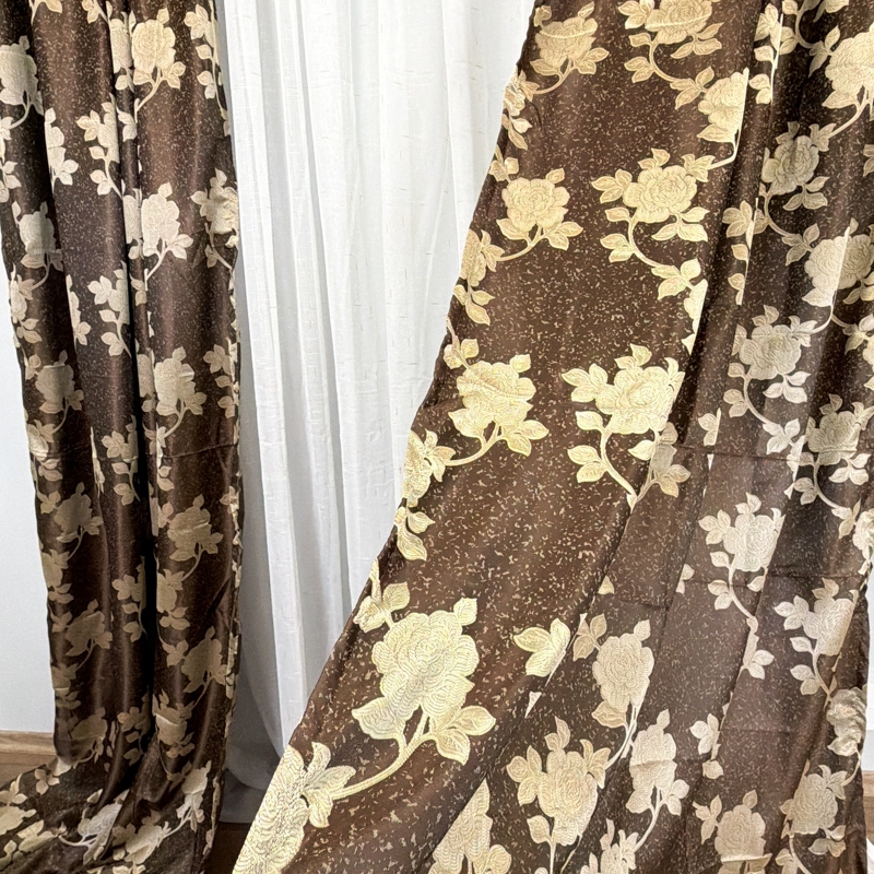 Set 2 bucati de Draperie Jacquard, Roses, 150cm latime x 270cm inaltime, cu rejansa pt sina, Maro - imagine 8