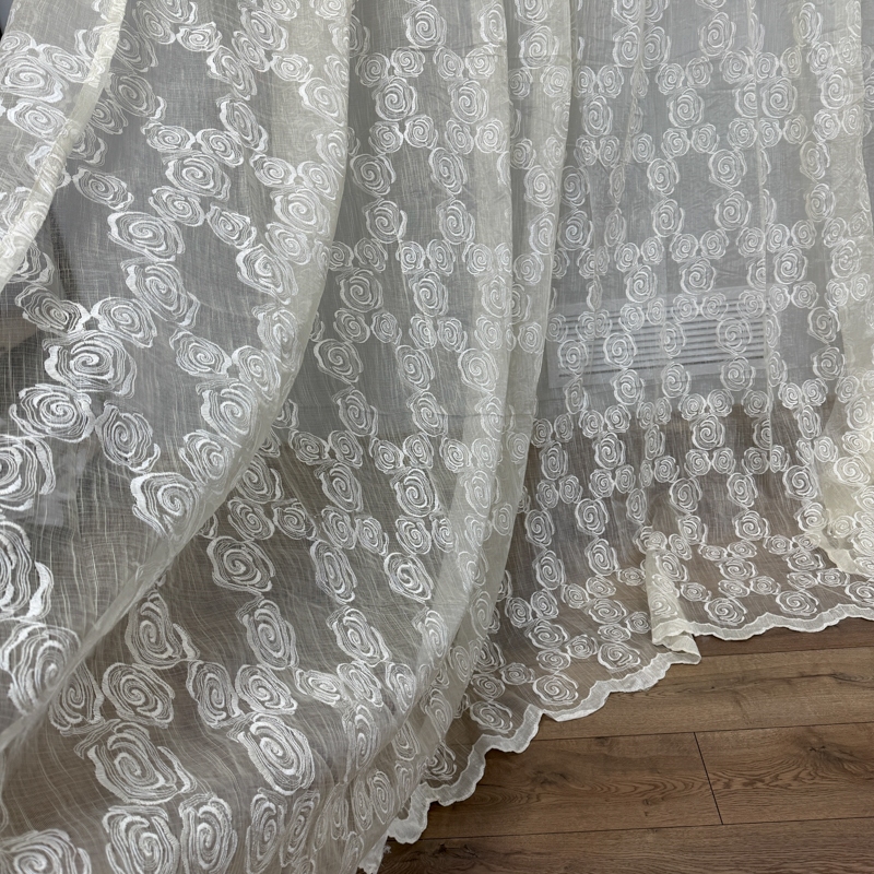 Perdea Crem, Roses, tip In cu Broderie Bej, 400cm latime x 270cm inaltime cu rejansa pt sina - imagine 5