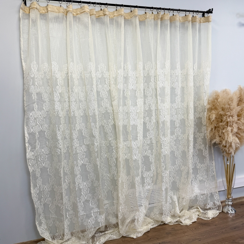 Perdea Crem, Roses, tip In cu Broderie Bej, 400cm latime x 270cm inaltime cu rejansa pt sina - imagine 12