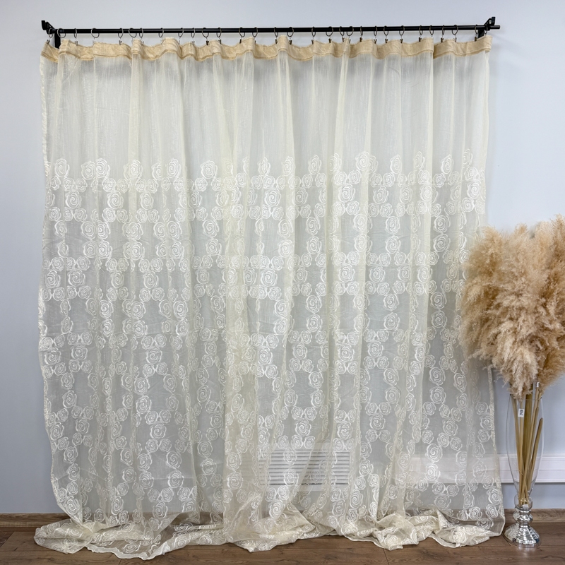 Perdea Crem, Roses, tip In cu Broderie Bej, 400cm latime x 270cm inaltime cu rejansa pt sina - imagine 13