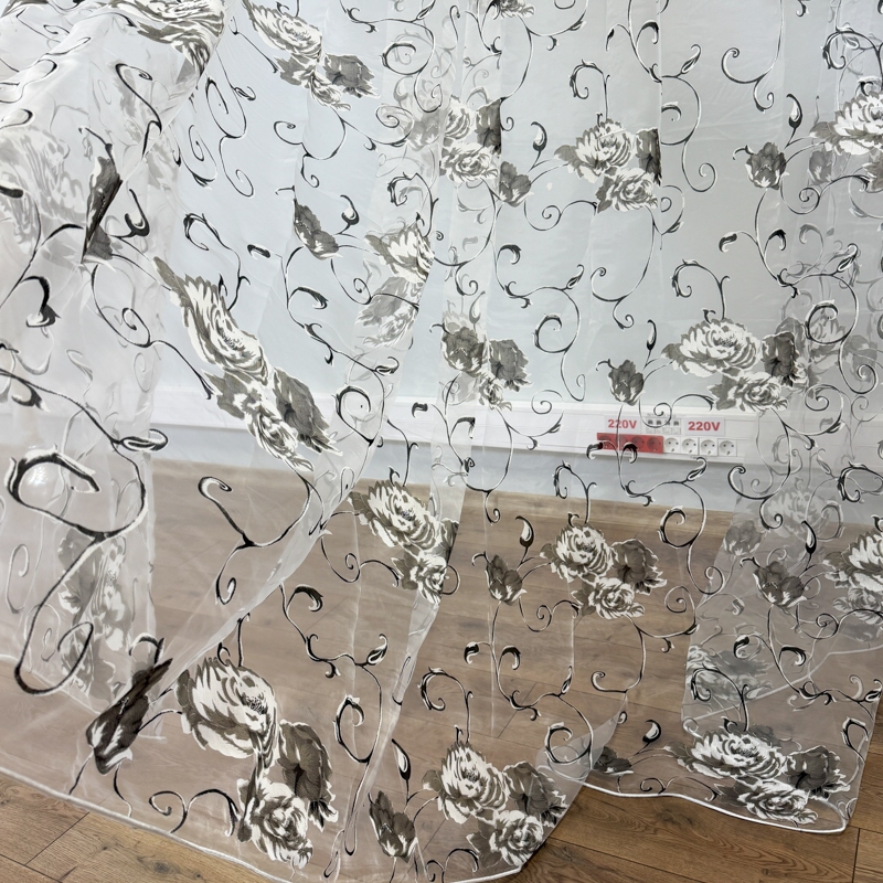 Perdea Bujori Gri din matase imprimata, Alba, 400cm latime x 270cm inaltime cu rejansa pt sina - imagine 2