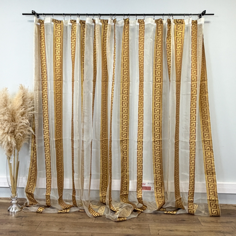 Set 3 metri de 2 bucati de Draperie BlackOut, Pearls, 150cm latime x 270cm inaltime, Maro cu Sclipici + Perdea 400cm latime x 270cm inaltime, din Matase Imprimata, Greek Model Bej - imagine 6