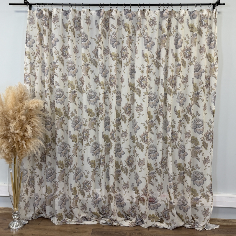 Set 3 metri de 2 bucati de Draperie BlackOut, Pearls, 150cm latime x 270cm inaltime, Crem cu Sclipici + Perdea 400cm latime x 270cm inaltime, din Matase Imprimata, Iris Mov - imagine 7