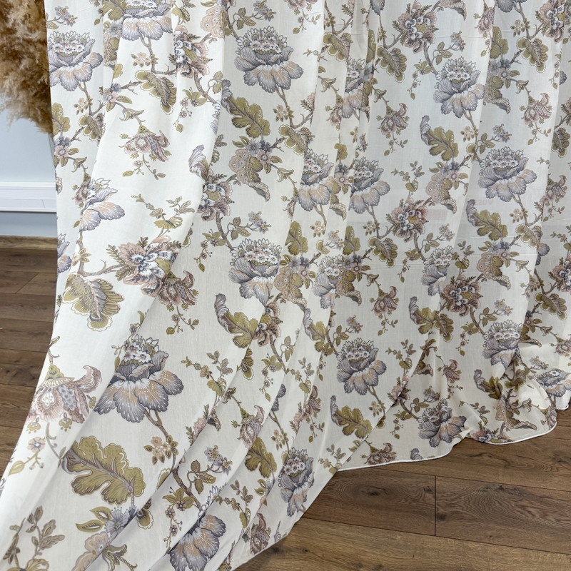 Set 3 metri de 2 bucati de Draperie BlackOut, Pearls, 150cm latime x 270cm inaltime, Crem cu Sclipici + Perdea 400cm latime x 270cm inaltime, din Matase Imprimata, Iris Mov - imagine 9