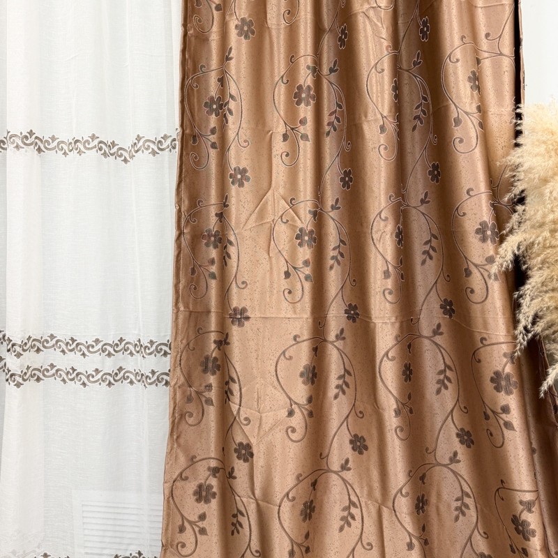 Set 2 Draperii Jacquard, Crengute cu Flori, 150cm latime x 270cm inaltime, Maro deschis + Perdea 400cm latime x 270cm inaltime, tip in cu broderie maro - imagine 5