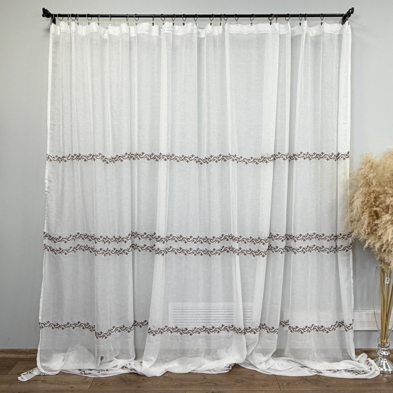 Set 2 Draperii Jacquard, Crengute cu Flori, 150cm latime x 270cm inaltime, Maro deschis + Perdea 400cm latime x 270cm inaltime, tip in cu broderie maro - imagine 6