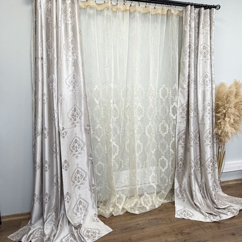 Set 2 Draperii Jacquard, Royal, 150cm latime x 270cm inaltime, Gri deschis + Perdea 400cm latime x 270cm inaltime, tip in cu broderie Royal - imagine 2