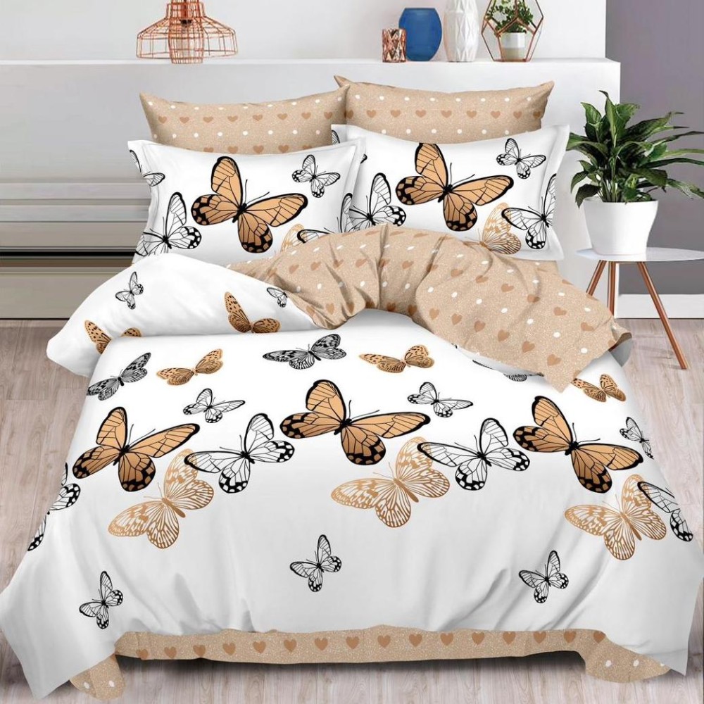 Lenjerie pat dublu, Finet, 6 piese, Bej, fluturi — imaginea 6