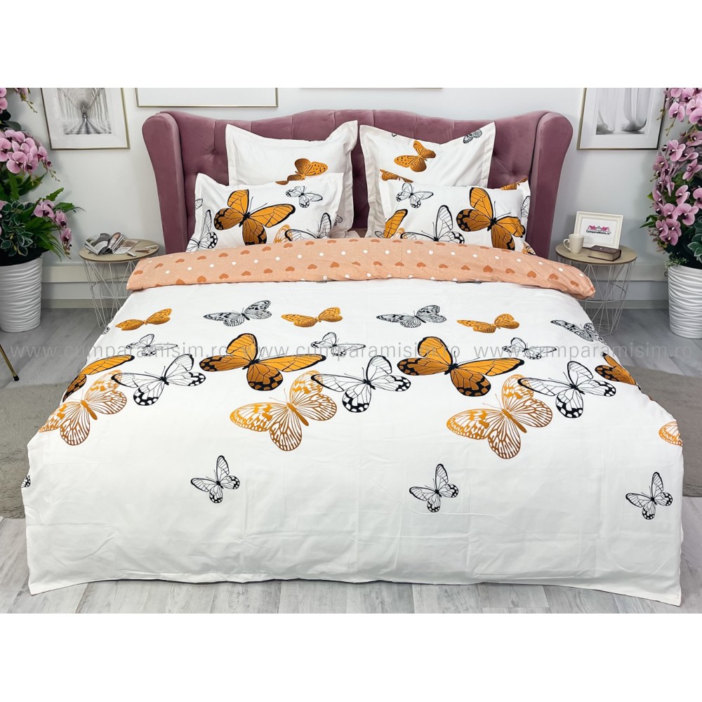 Lenjerie pat dublu, Finet, 6 piese, Bej, fluturi — imaginea 7