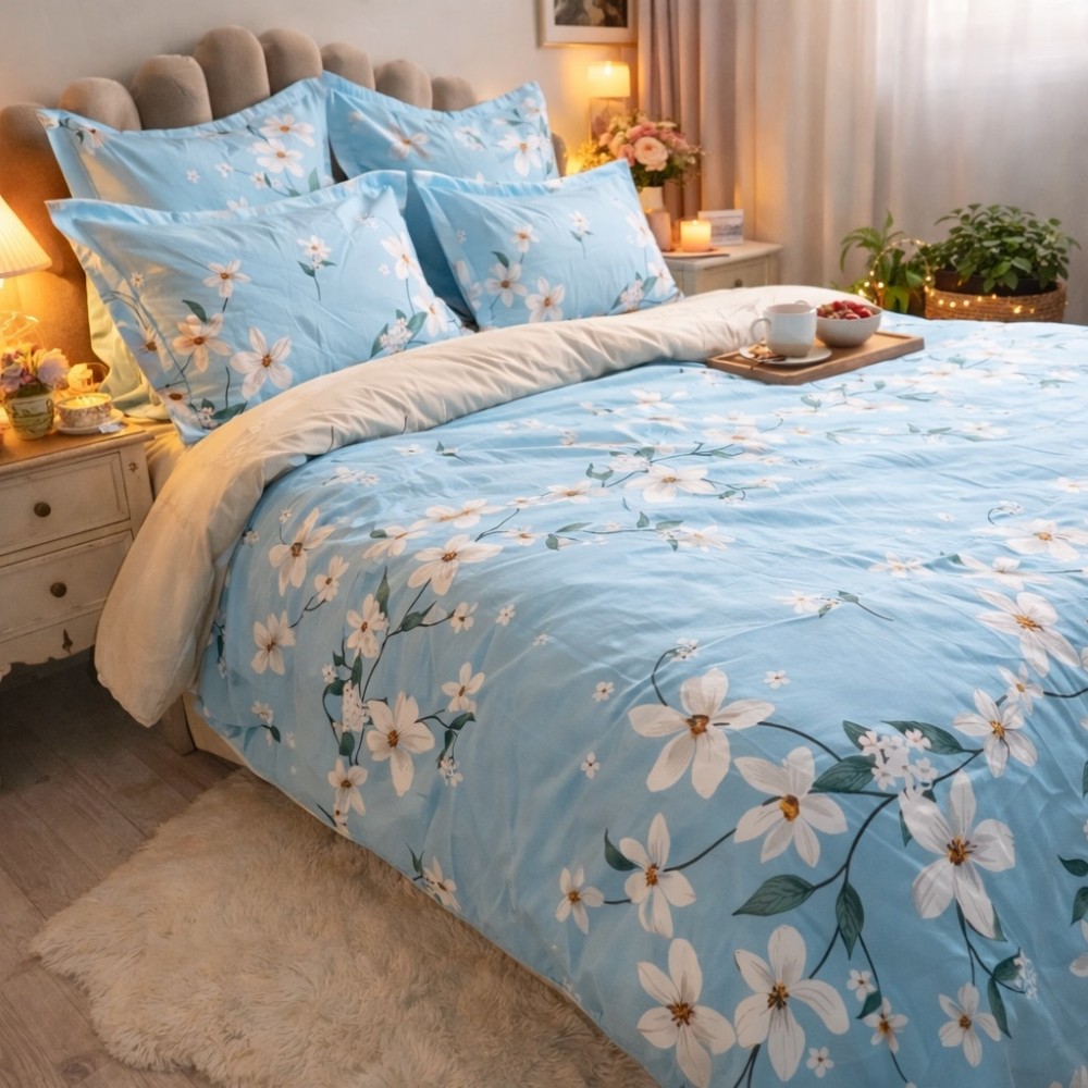 Lenjerie pat dublu, Finet, 6 piese, Bleu, flori — imaginea 2