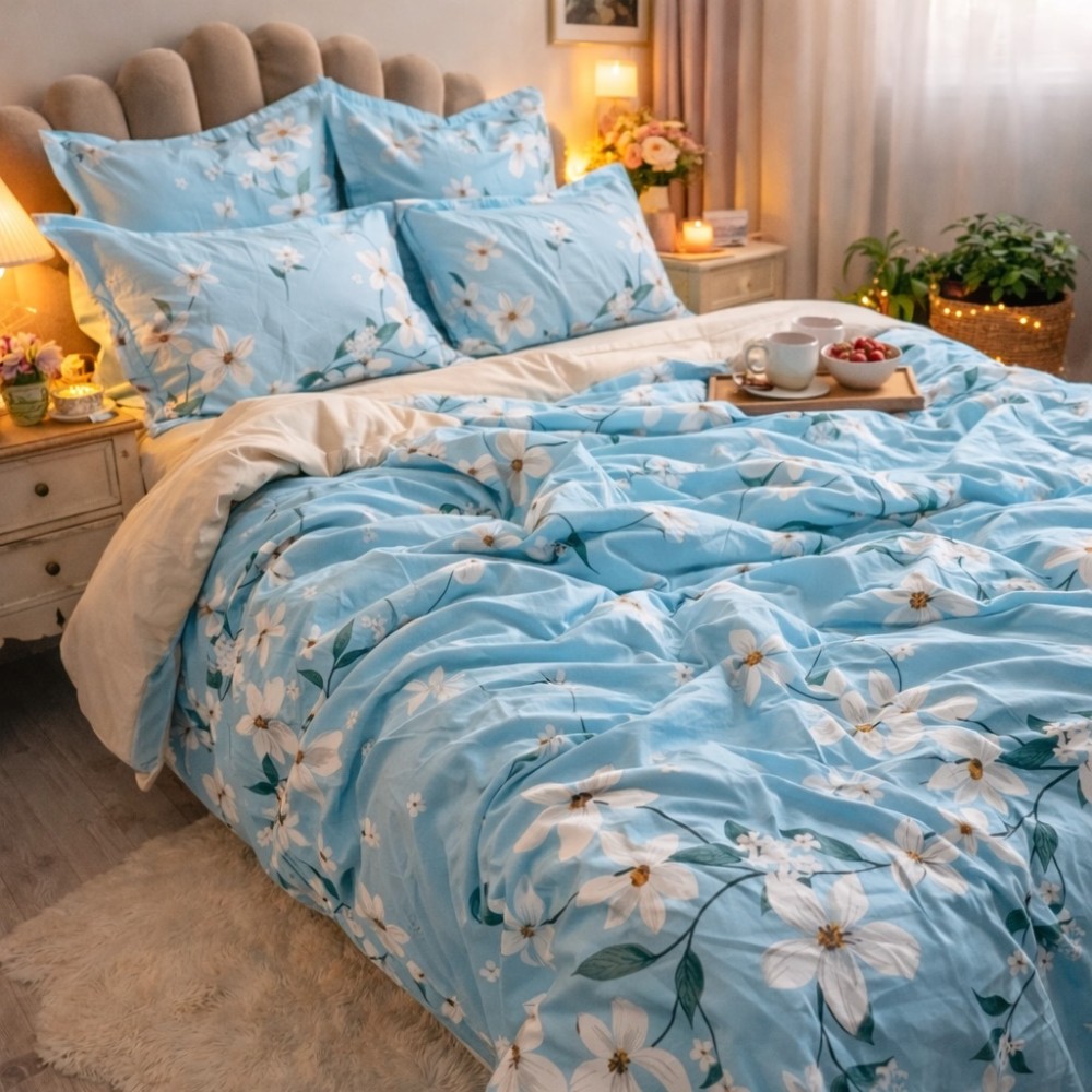 Lenjerie pat dublu, Finet, 6 piese, Bleu, flori — imaginea 5
