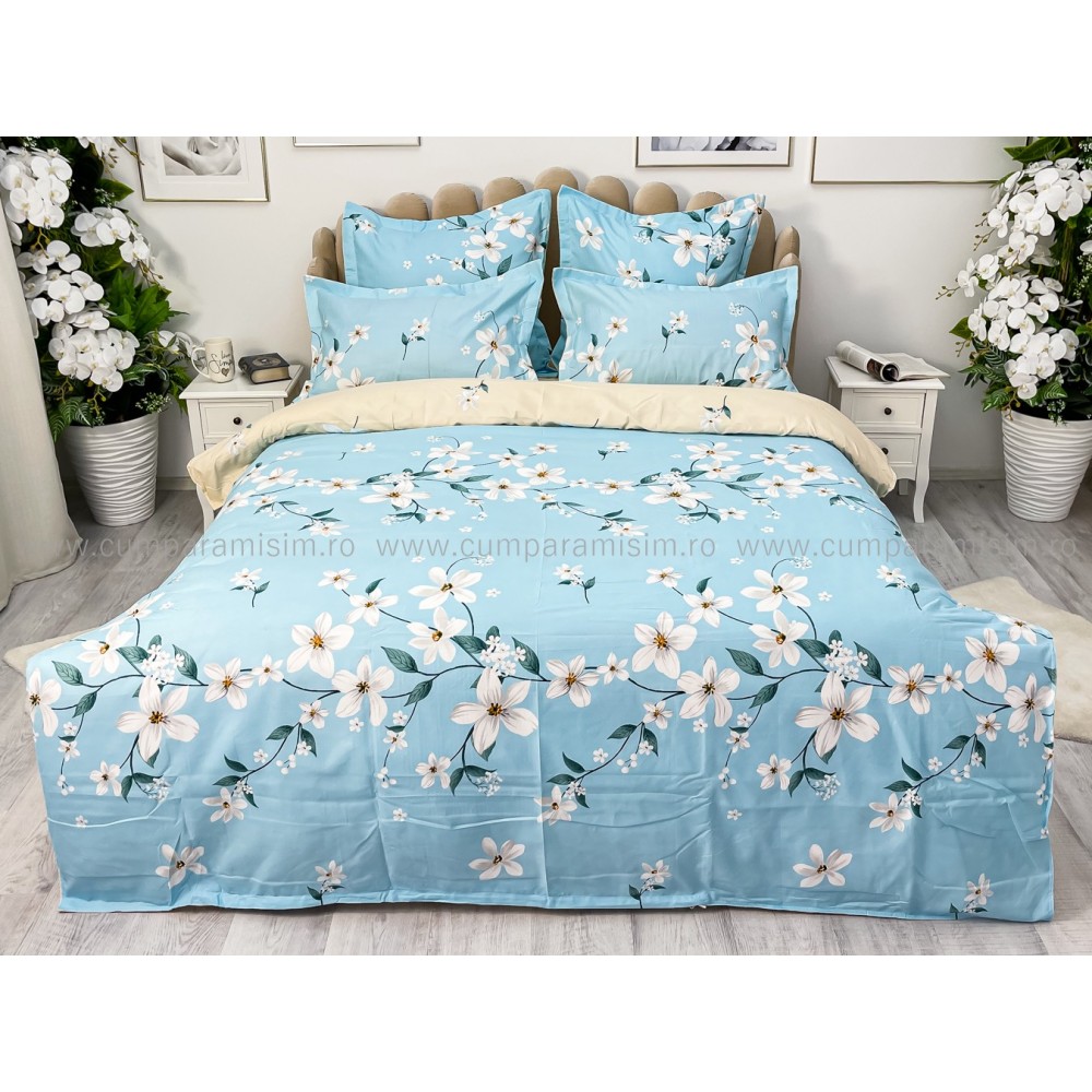 Lenjerie pat dublu, Finet, 6 piese, Bleu, flori — imaginea 7
