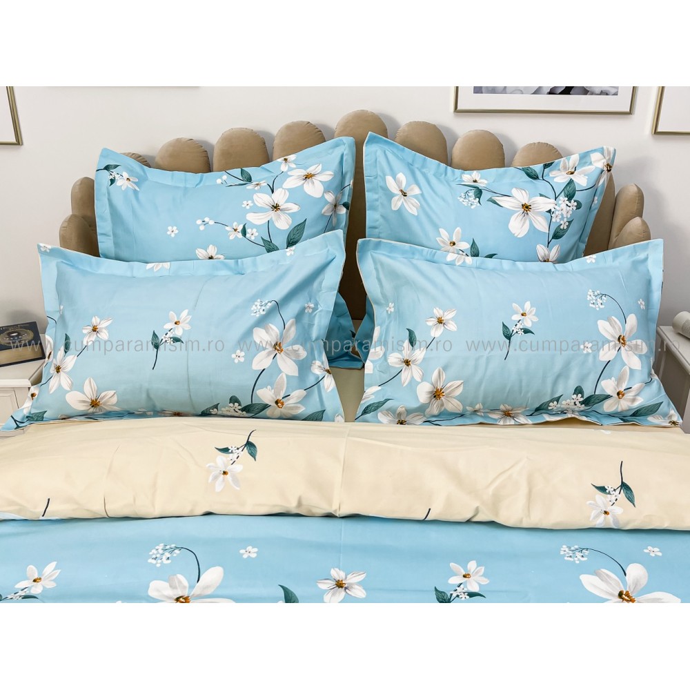 Lenjerie pat dublu, Finet, 6 piese, Bleu, flori — imaginea 9