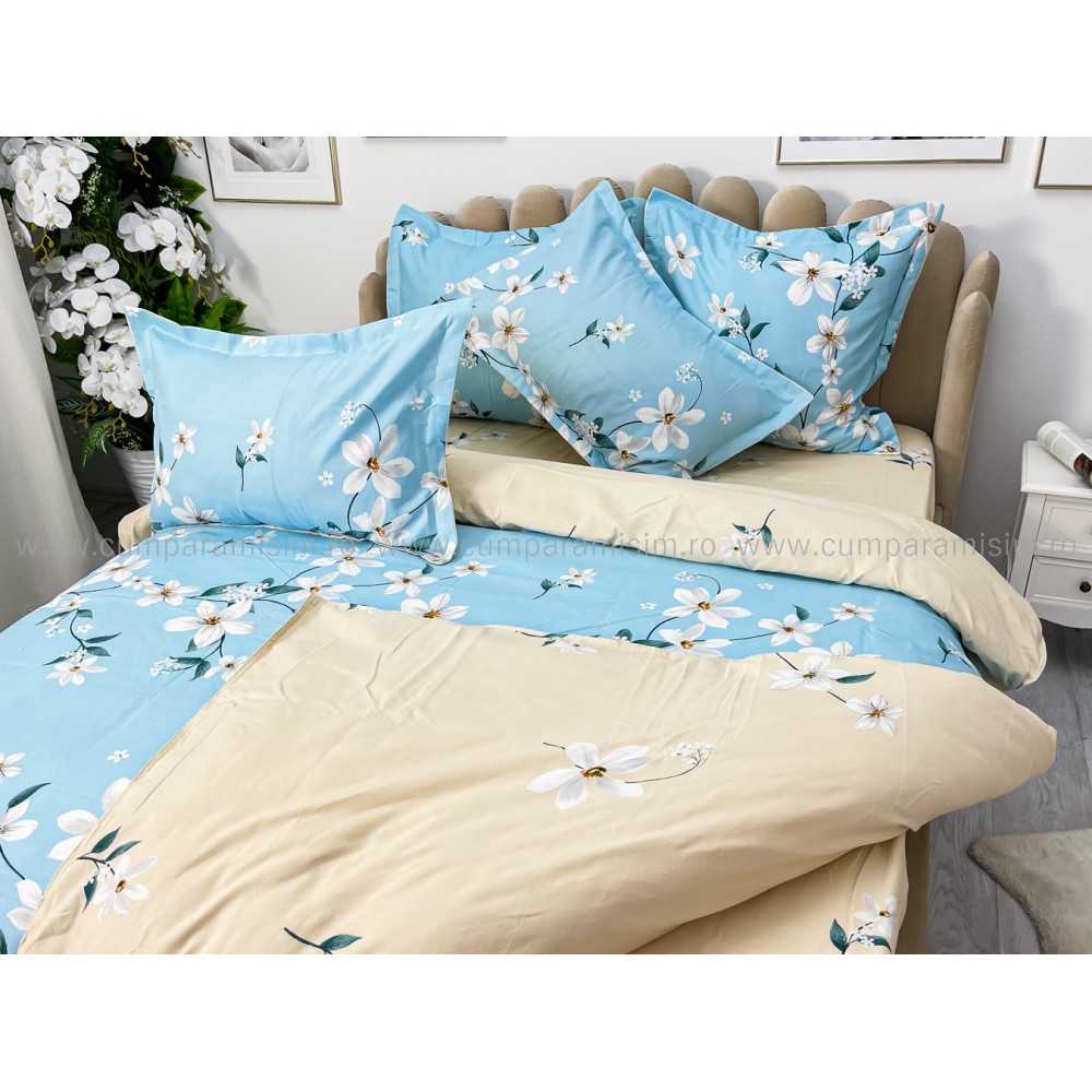 Lenjerie pat dublu, Finet, 6 piese, Bleu, flori — imaginea 12