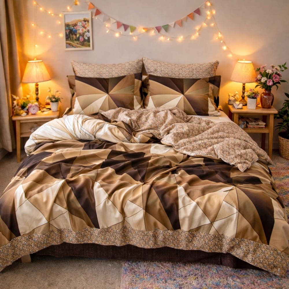 Lenjerie pat dublu, Finet, 6 piese, Maro, forme geometrice — imaginea 4