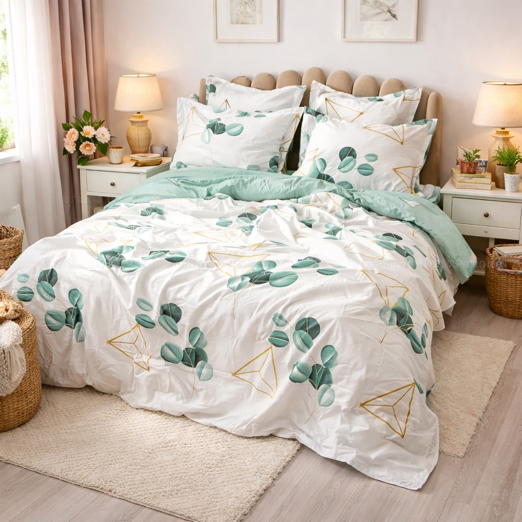 Lenjerie pat dublu, Finet, 6 piese, Alb-Verde, frunze - imagine 5