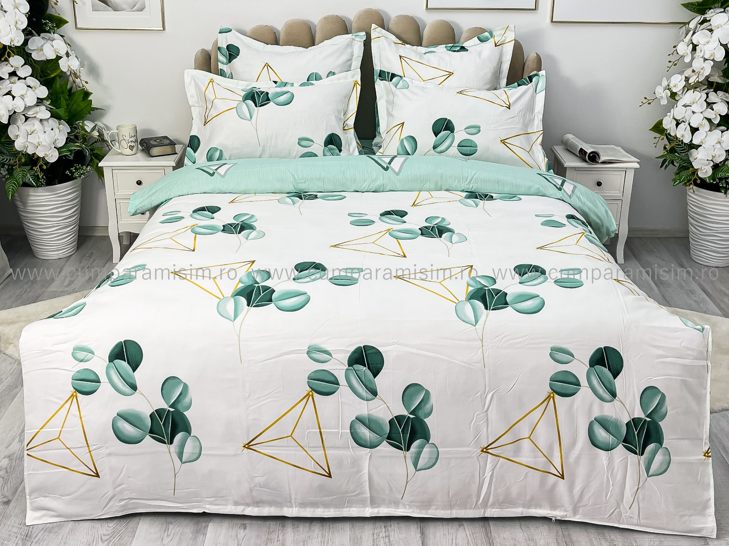 Lenjerie pat dublu, Finet, 6 piese, Alb-Verde, frunze - imagine 7