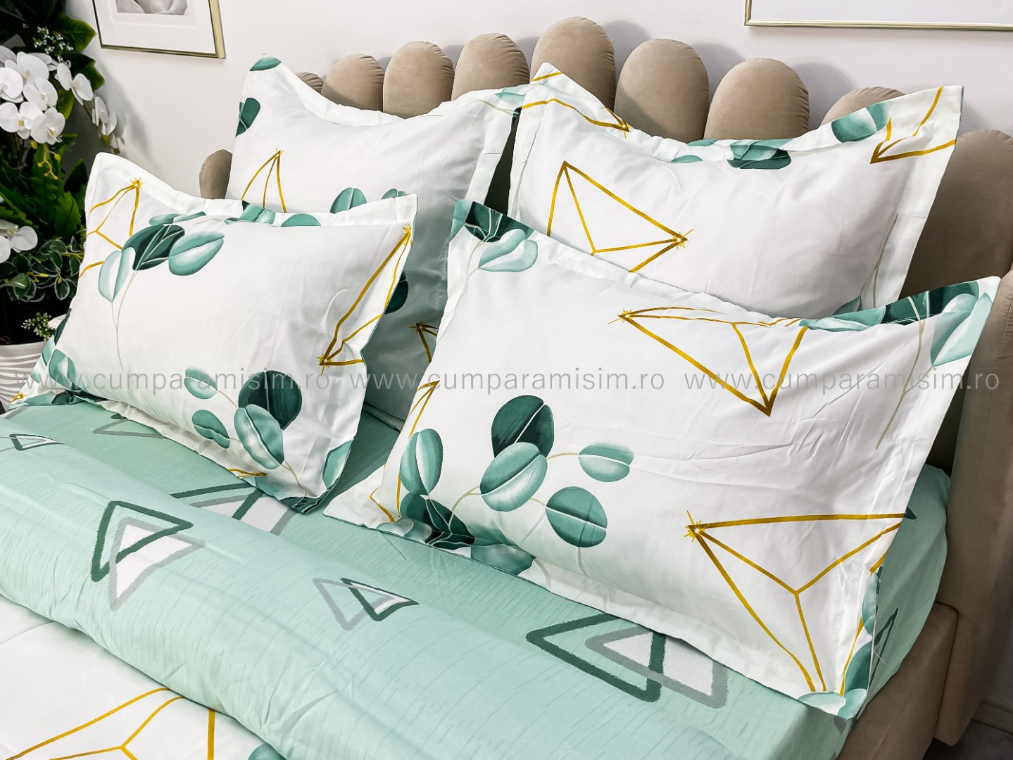 Lenjerie pat dublu, Finet, 6 piese, Alb-Verde, frunze - imagine 11