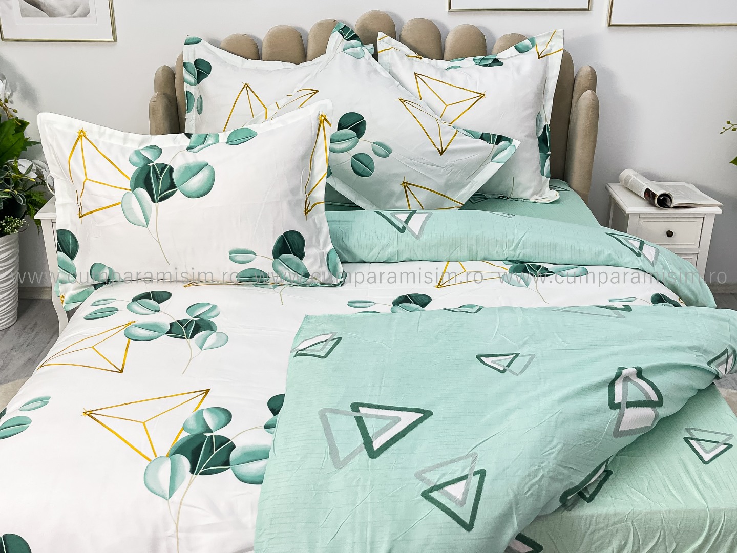 Lenjerie pat dublu, Finet, 6 piese, Alb-Verde, frunze - imagine 12