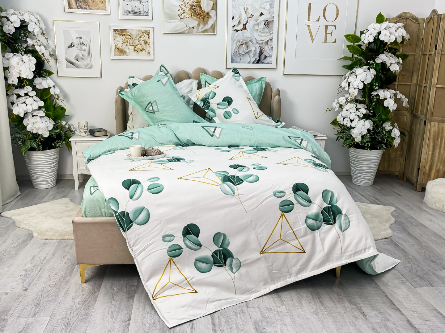 Lenjerie pat dublu, Finet, 6 piese, Alb-Verde, frunze - imagine 13
