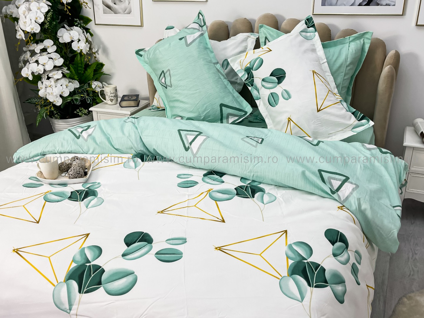 Lenjerie pat dublu, Finet, 6 piese, Alb-Verde, frunze - imagine 14