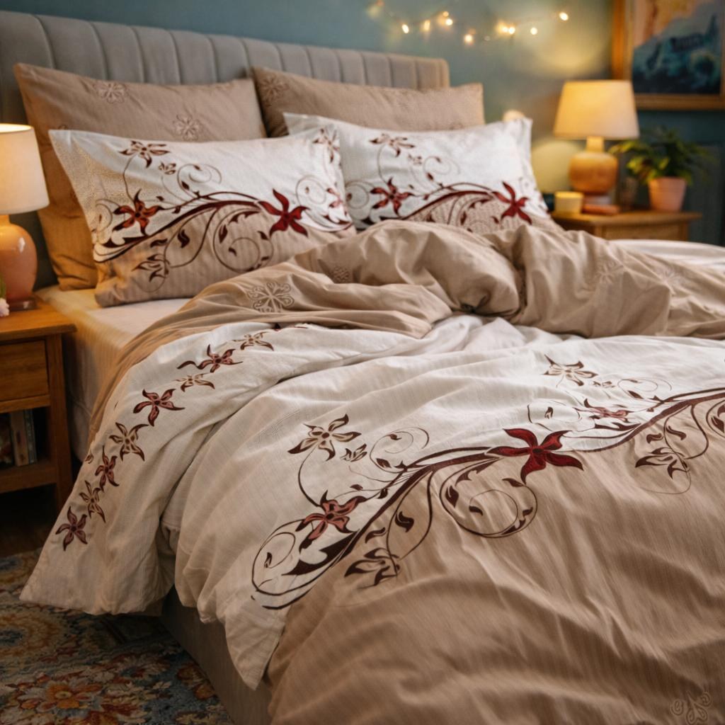 Lenjerie pat dublu, Finet, 6 piese, Bej, floral - view 3
