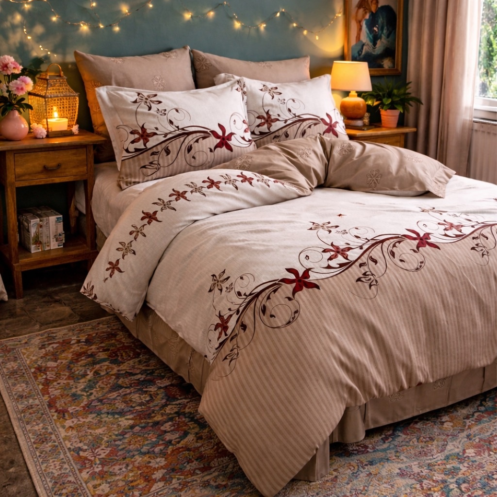 Lenjerie pat dublu, Finet, 6 piese, Bej, floral - view 5