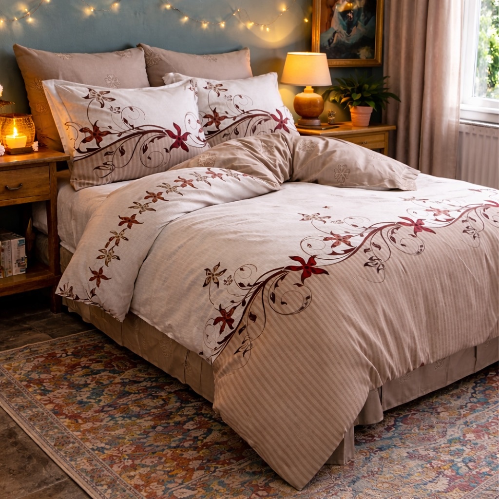 Lenjerie pat dublu, Finet, 6 piese, Bej, floral - view 6
