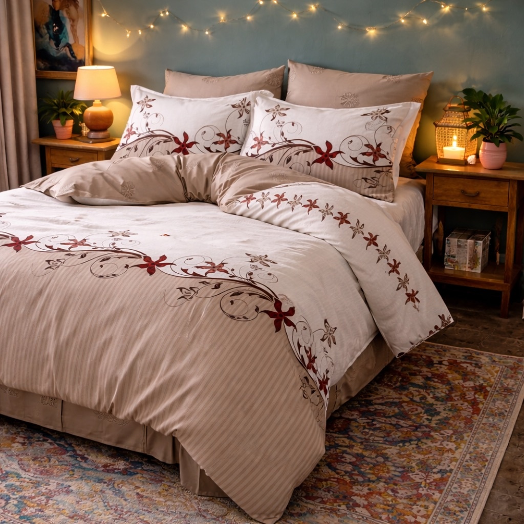 Lenjerie pat dublu, Finet, 6 piese, Bej, floral - view 7