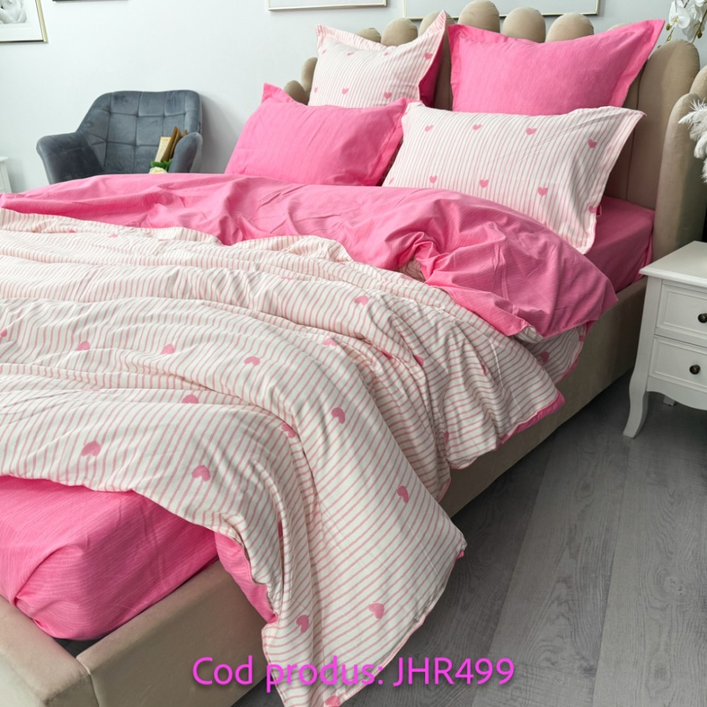 Lenjerie pat dublu, Finet, 6 piese, Roz, inimioare — imaginea 4