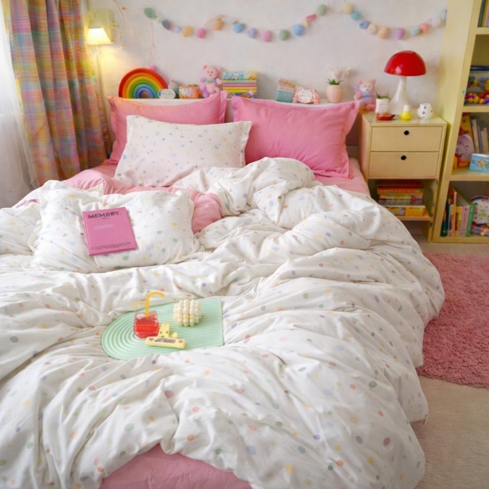 Lenjerie pat dublu, Finet, 6 piese, Roz, buline — imaginea 5