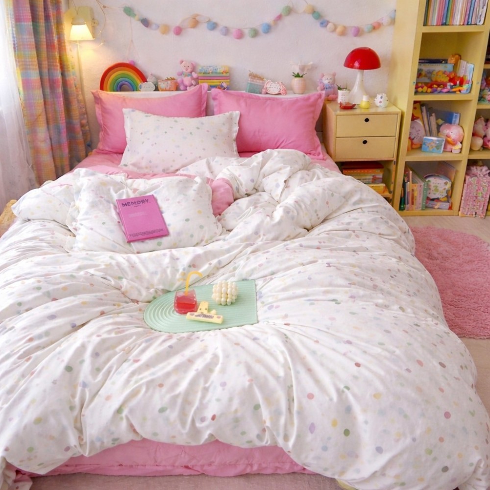 Lenjerie pat dublu, Finet, 6 piese, Roz, buline — imaginea 6