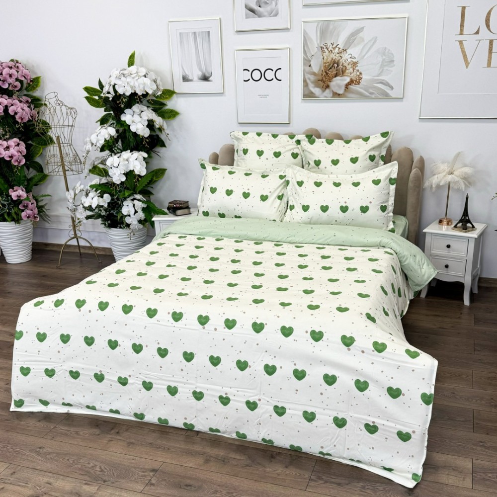 Lenjerie pat dublu, Finet, 6 piese, Verde, inimioare — imaginea 2