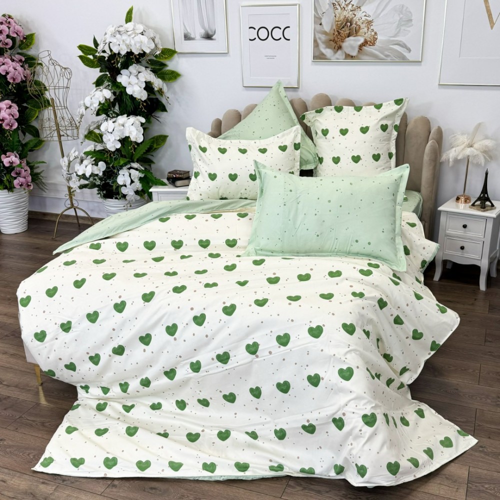 Lenjerie pat dublu, Finet, 6 piese, Verde, inimioare — imaginea 6