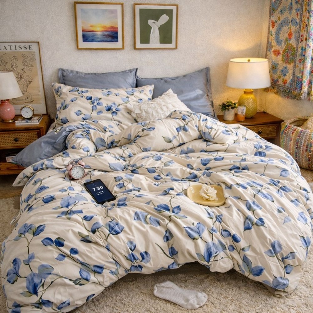 Lenjerie pat dublu, Finet, 6 piese, Bleu, frunze - view 4