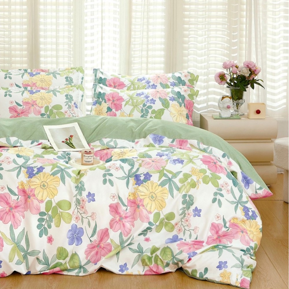 Lenjerie pat dublu, Finet, 6 piese, Verde, flori — imaginea 8