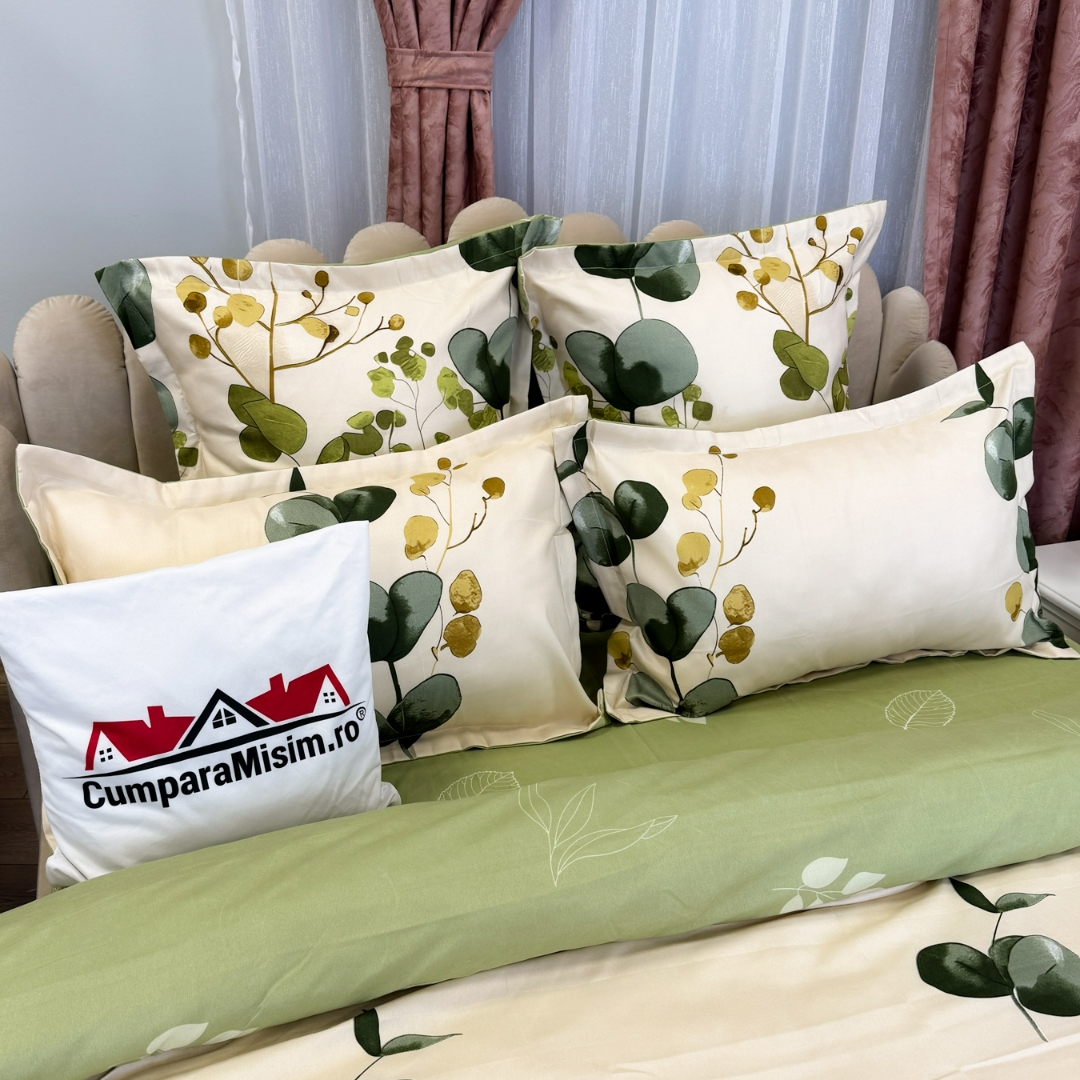 Lenjerie pat dublu, Finet, 6 piese, Crem, Verde, flori - view 5