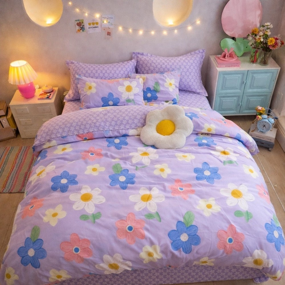 Lenjerie pat dublu, Finet, 6 piese, Mov, flori - view 3