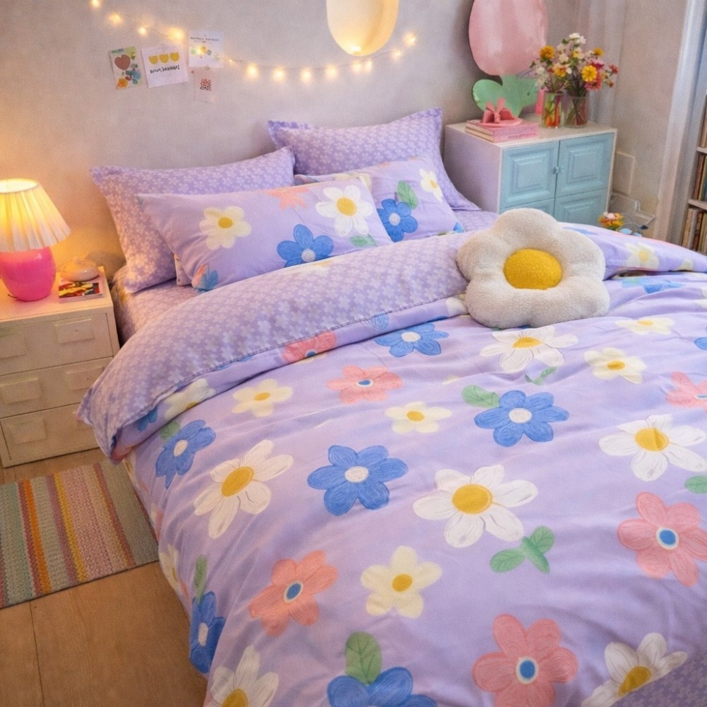 Lenjerie pat dublu, Finet, 6 piese, Mov, flori - view 4