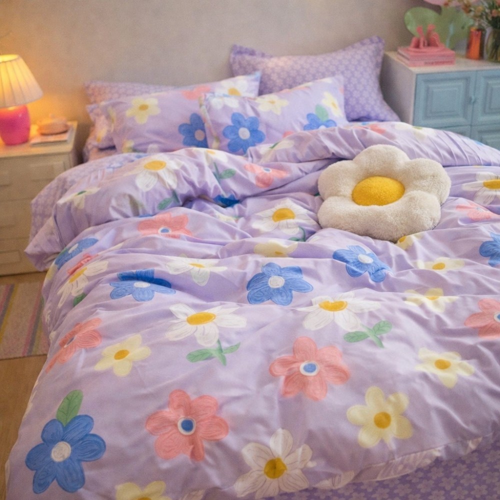Lenjerie pat dublu, Finet, 6 piese, Mov, flori - view 6