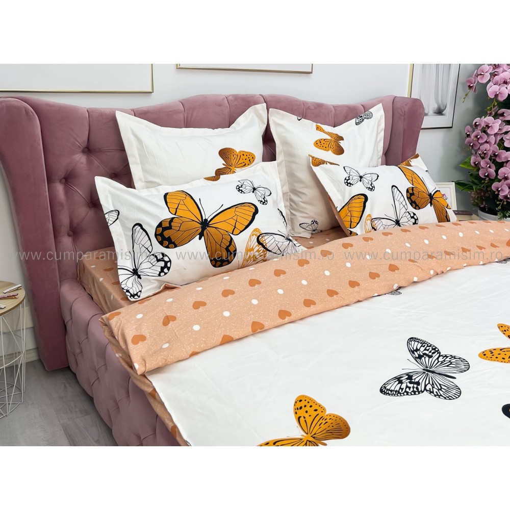 Lenjerie pat dublu, Finet, 6 piese, Bej, fluturi — imaginea 10