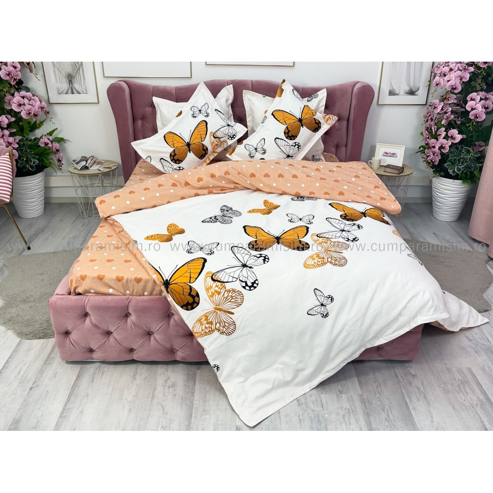 Lenjerie pat dublu, Finet, 6 piese, Bej, fluturi — imaginea 11