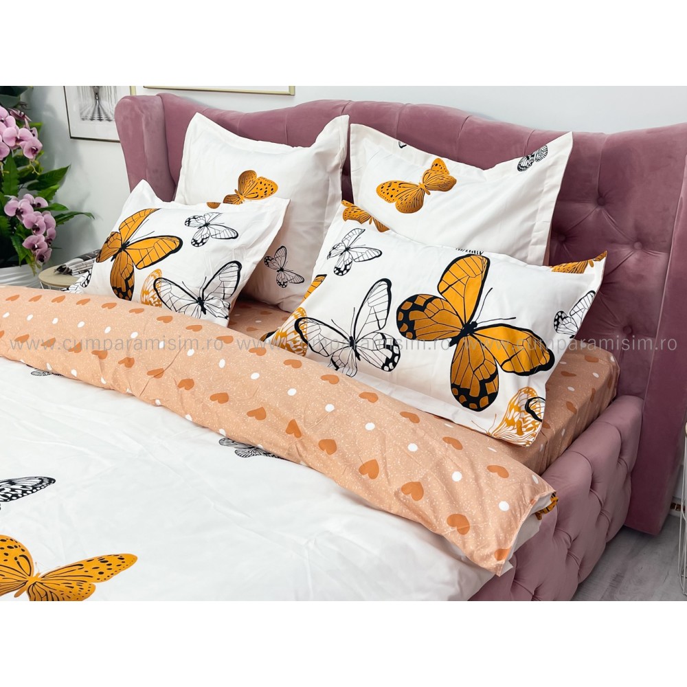 Lenjerie pat dublu, Finet, 6 piese, Bej, fluturi — imaginea 12